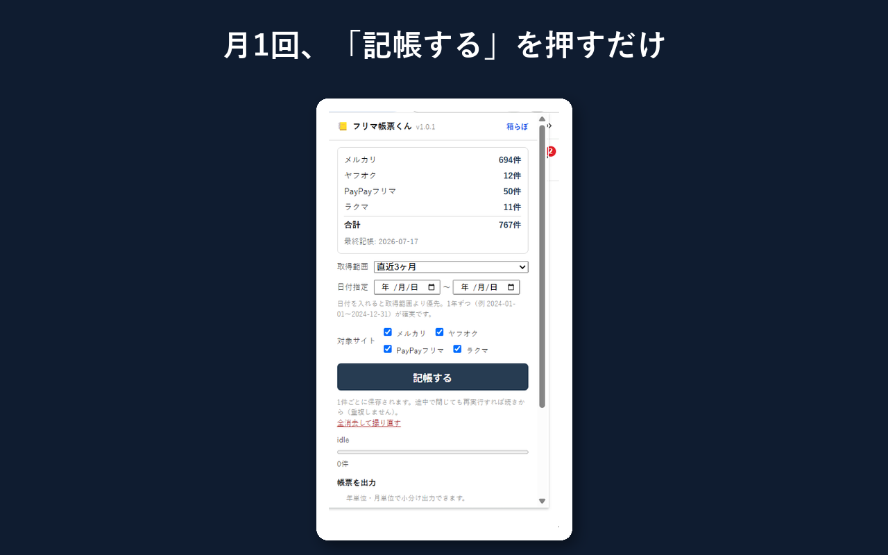 フリマ帳票くんのポップアップ画面。サイト別の蓄積件数と「記帳する」ボタン